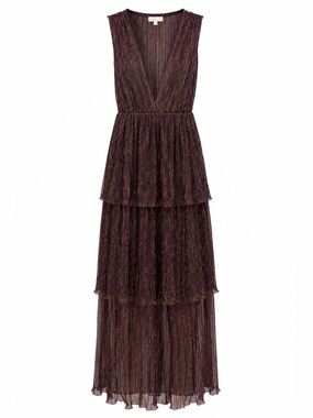 Socialite Metallic Plum Tiered V‑Neck Maxi Dress